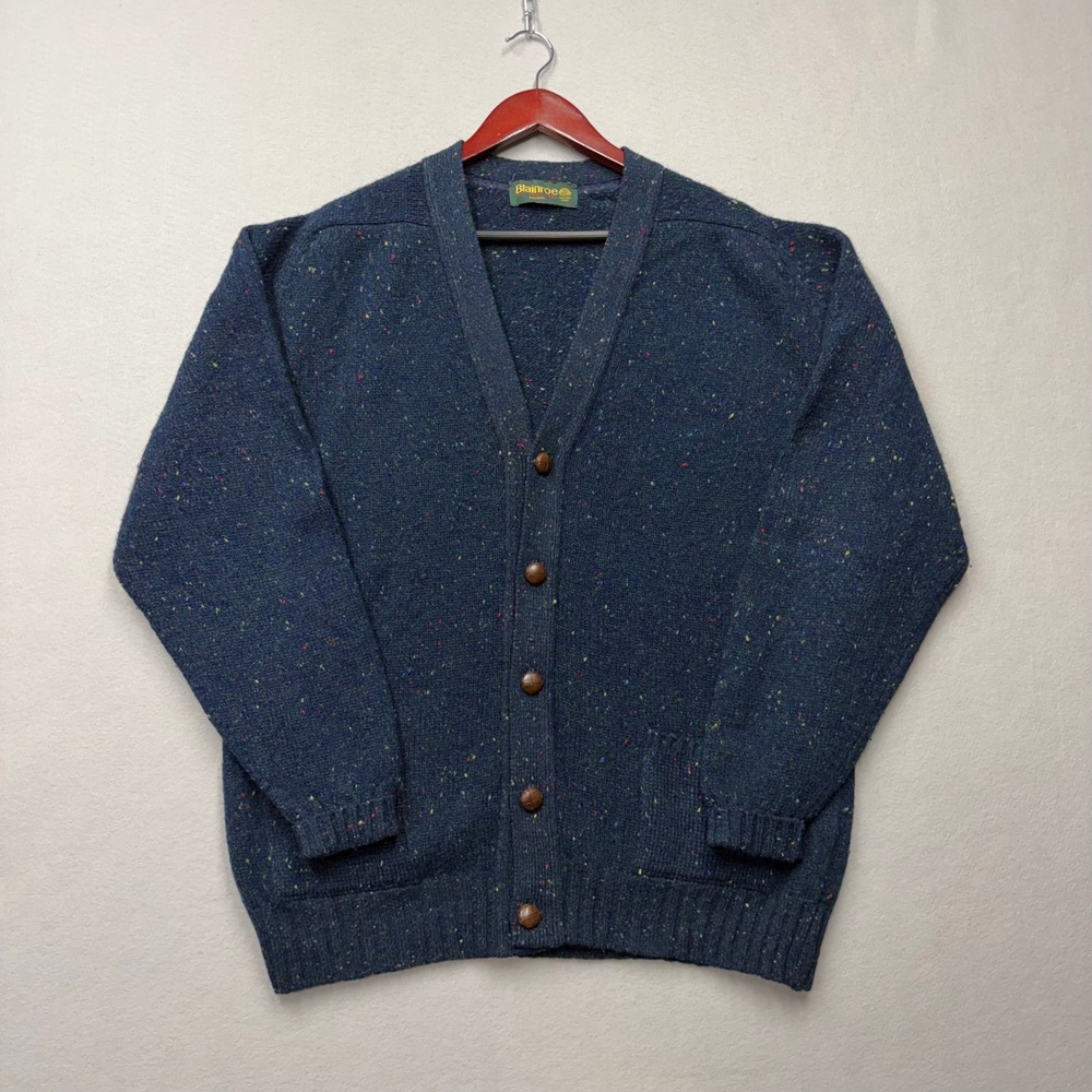 Blainroe Cardigan Mens XXL Blue Shetland Wool Donegal Tweed Vintage 90s Ireland
